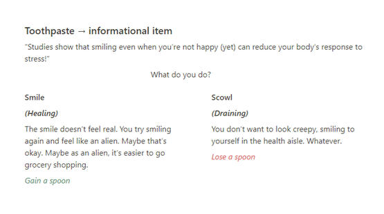 A box of toothpaste with pop-up text that says, “Studies show that smiling even when you’re not happy (yet) can reduce your body’s response to stress!” There are two response options: "Smile" and "Scowl"